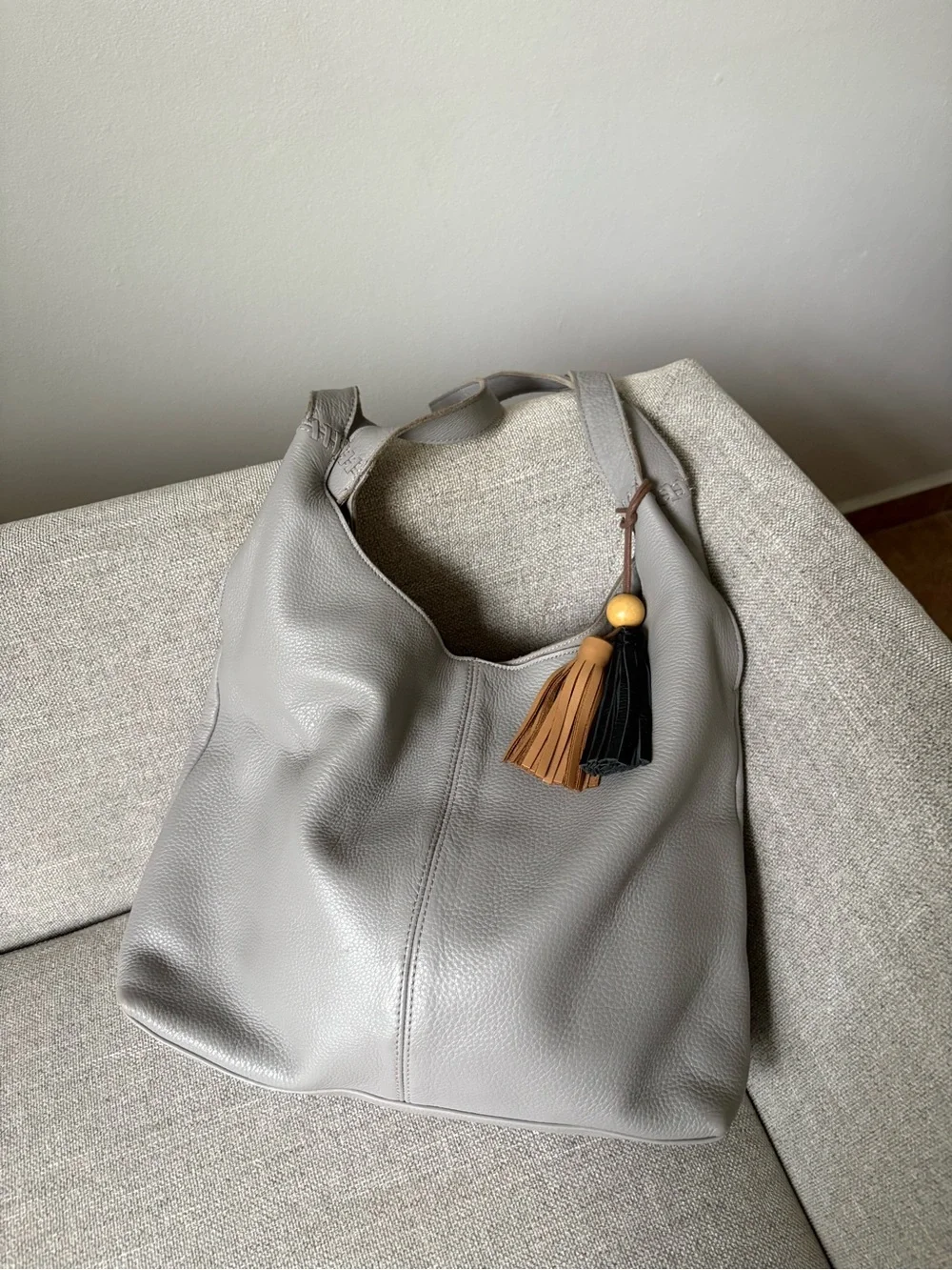 The Sak Huntley Hobo Light Grey Leather Bag with Tassel Accent